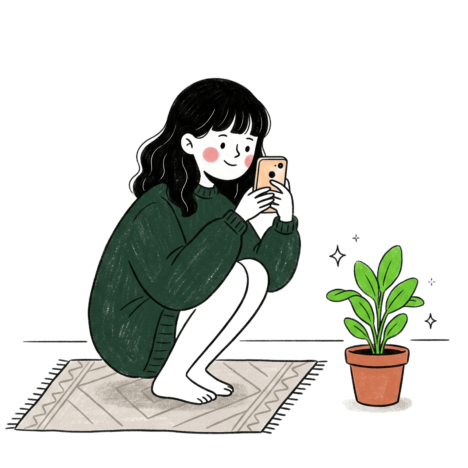 A young woman crouching to take a photo of a small green plant