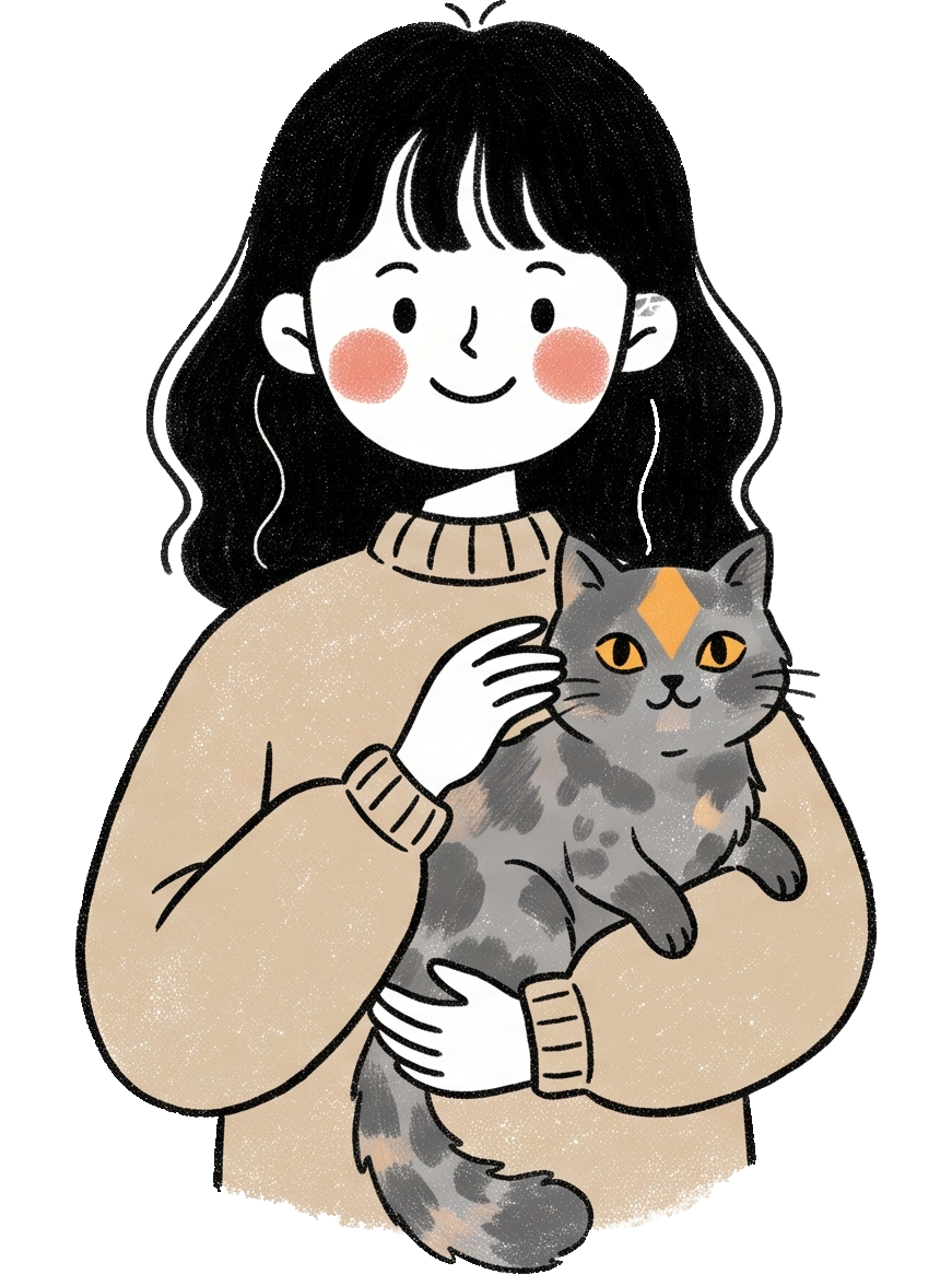 A character hugging her book peacefully, with a cat, feeling understood