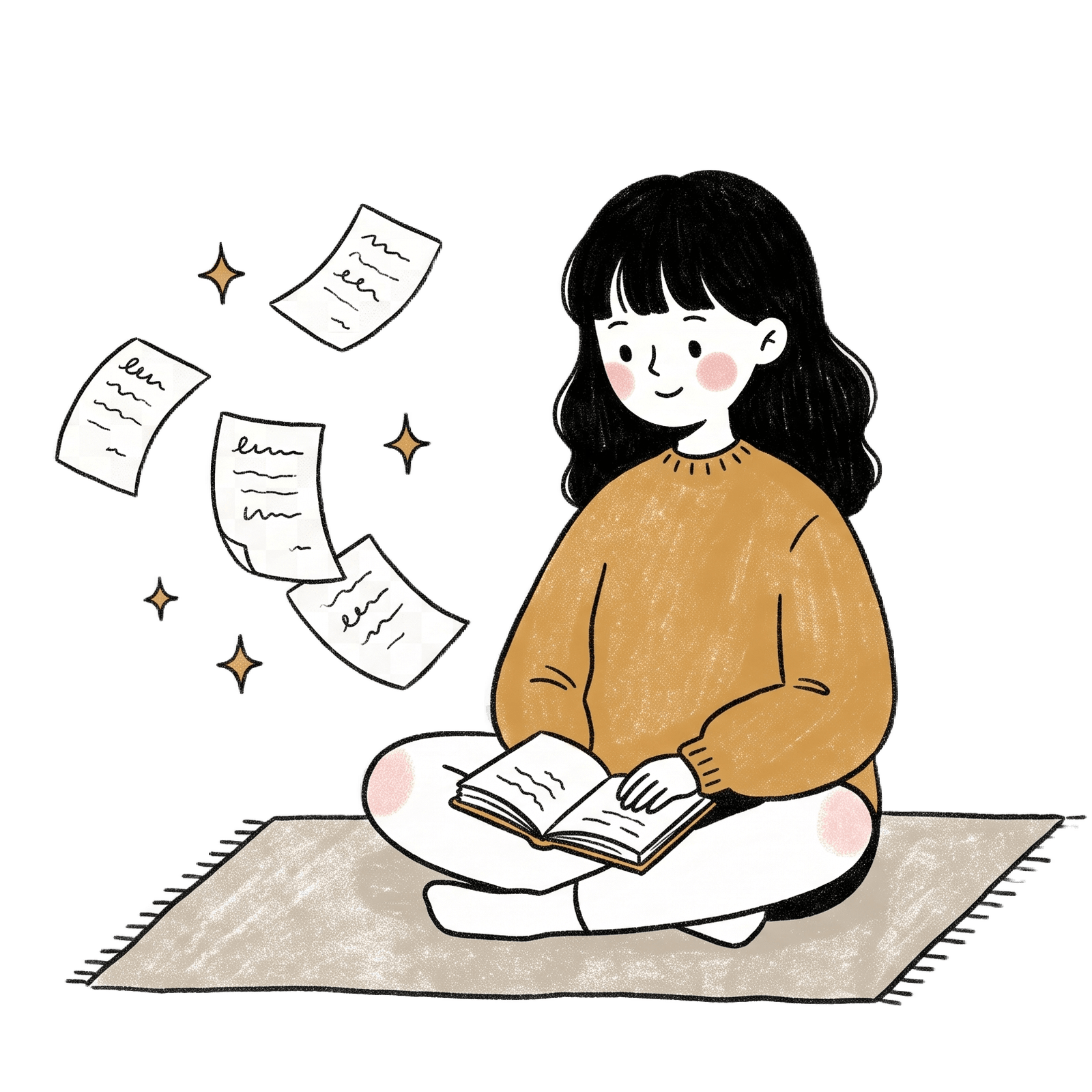 A character sitting quietly, journal on knees, pages floating gently